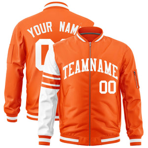 Custom Orange White Varsity Full-Zip Raglan Sleeves Stripe Letterman Bomber Jacket