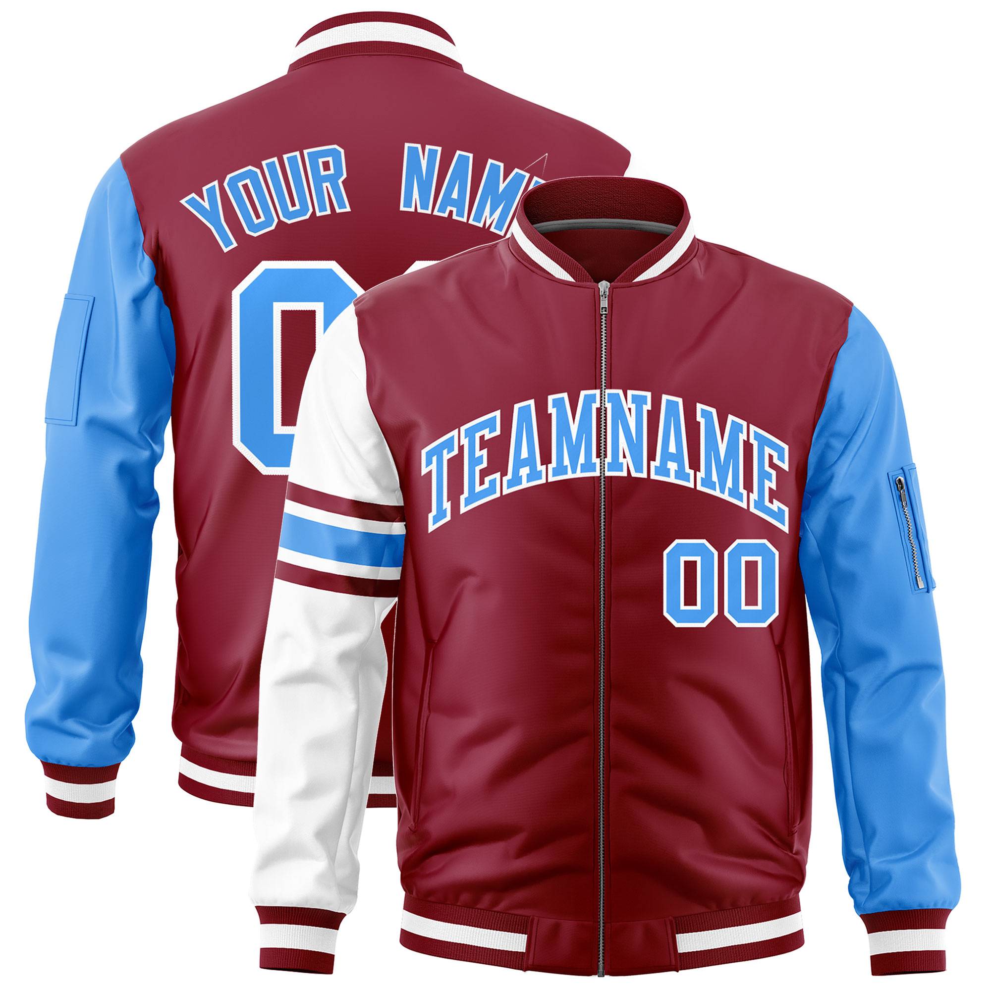 Custom Crimson Powder Blue-White Varsity Full-Zip Raglan Sleeves Stripe Letterman Bomber Jacket