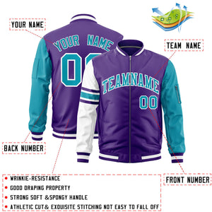 Custom Purple Aqua-White Varsity Full-Zip Raglan Sleeves Stripe Letterman Bomber Jacket