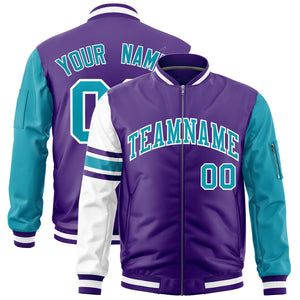 Custom Purple Aqua-White Varsity Full-Zip Raglan Sleeves Stripe Letterman Bomber Jacket