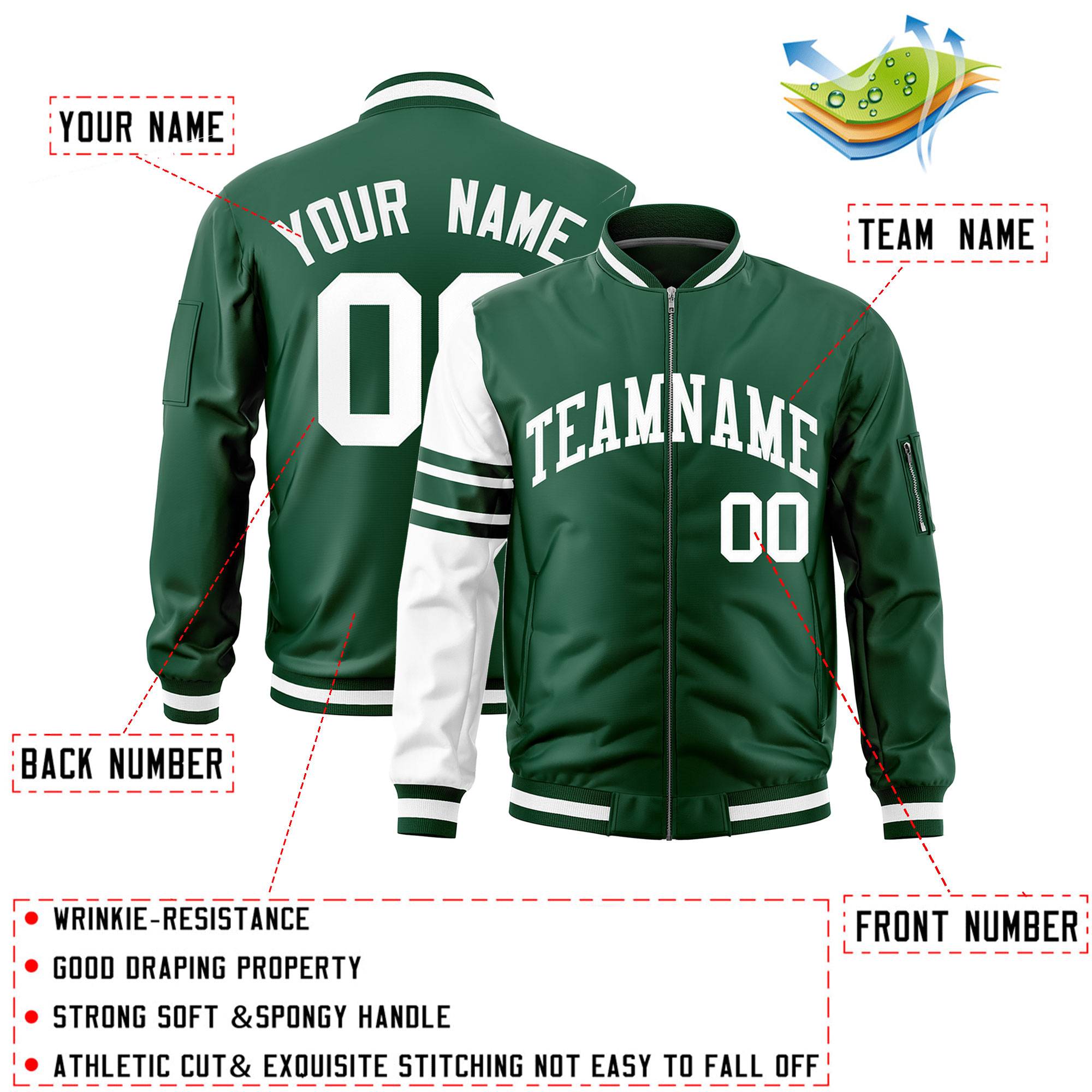 Custom Green White Varsity Full-Zip Raglan Sleeves Stripe Letterman Bomber Jacket