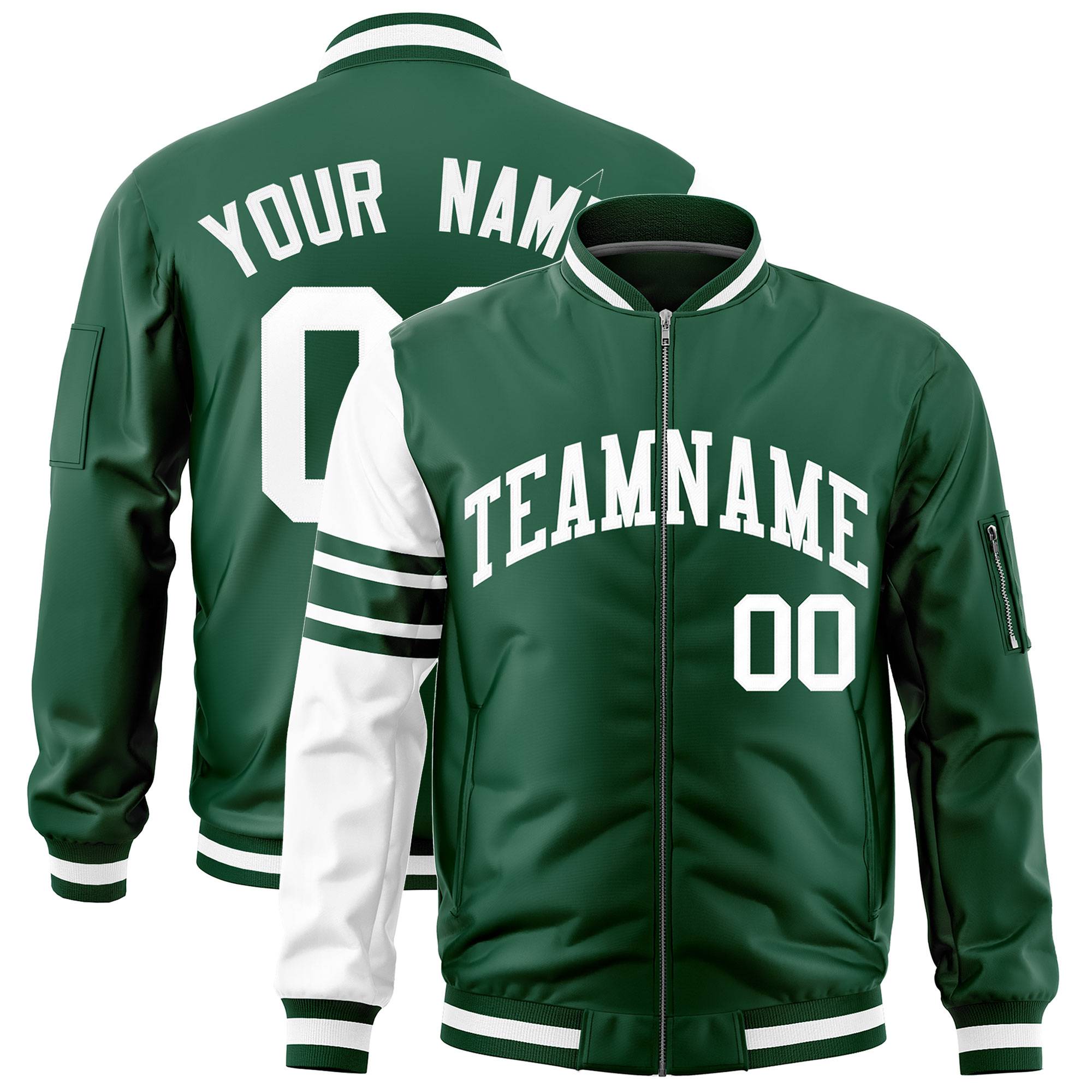 Custom Green White Varsity Full-Zip Raglan Sleeves Stripe Letterman Bomber Jacket