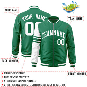 Custom Kelly Green White Varsity Full-Zip Raglan Sleeves Stripe Letterman Bomber Jacket