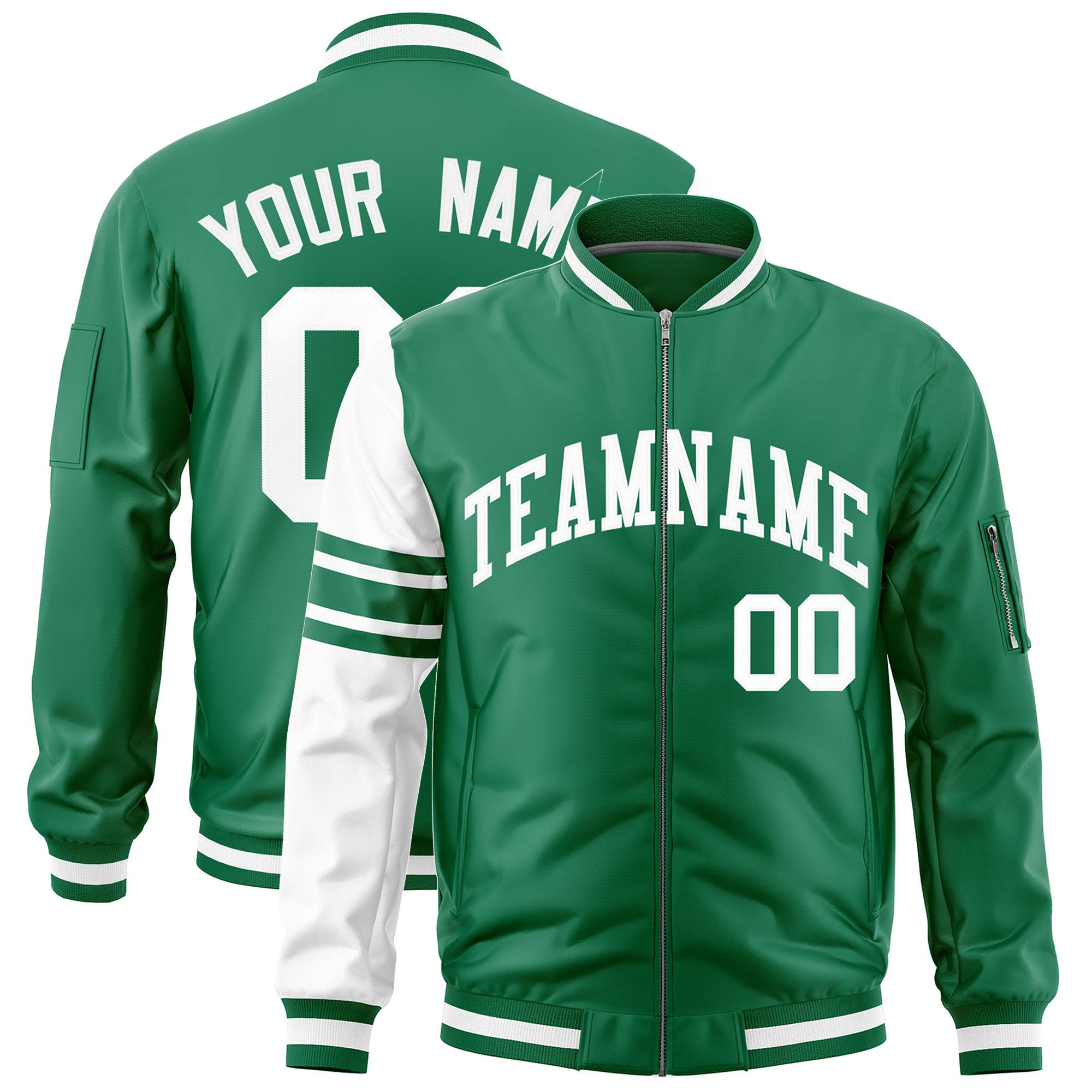 Custom Kelly Green White Varsity Full-Zip Raglan Sleeves Stripe Letterman Bomber Jacket