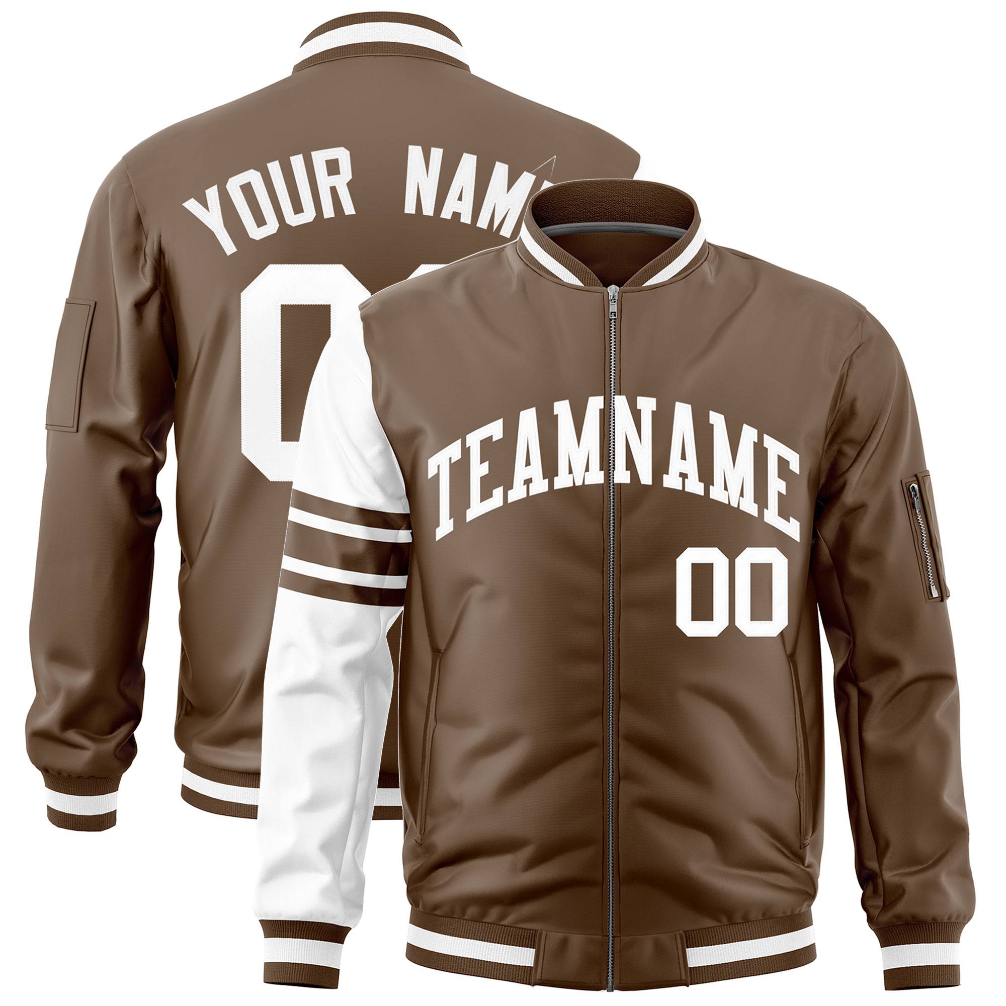 Custom Light Brown White Varsity Full-Zip Raglan Sleeves Stripe Letterman Bomber Jacket