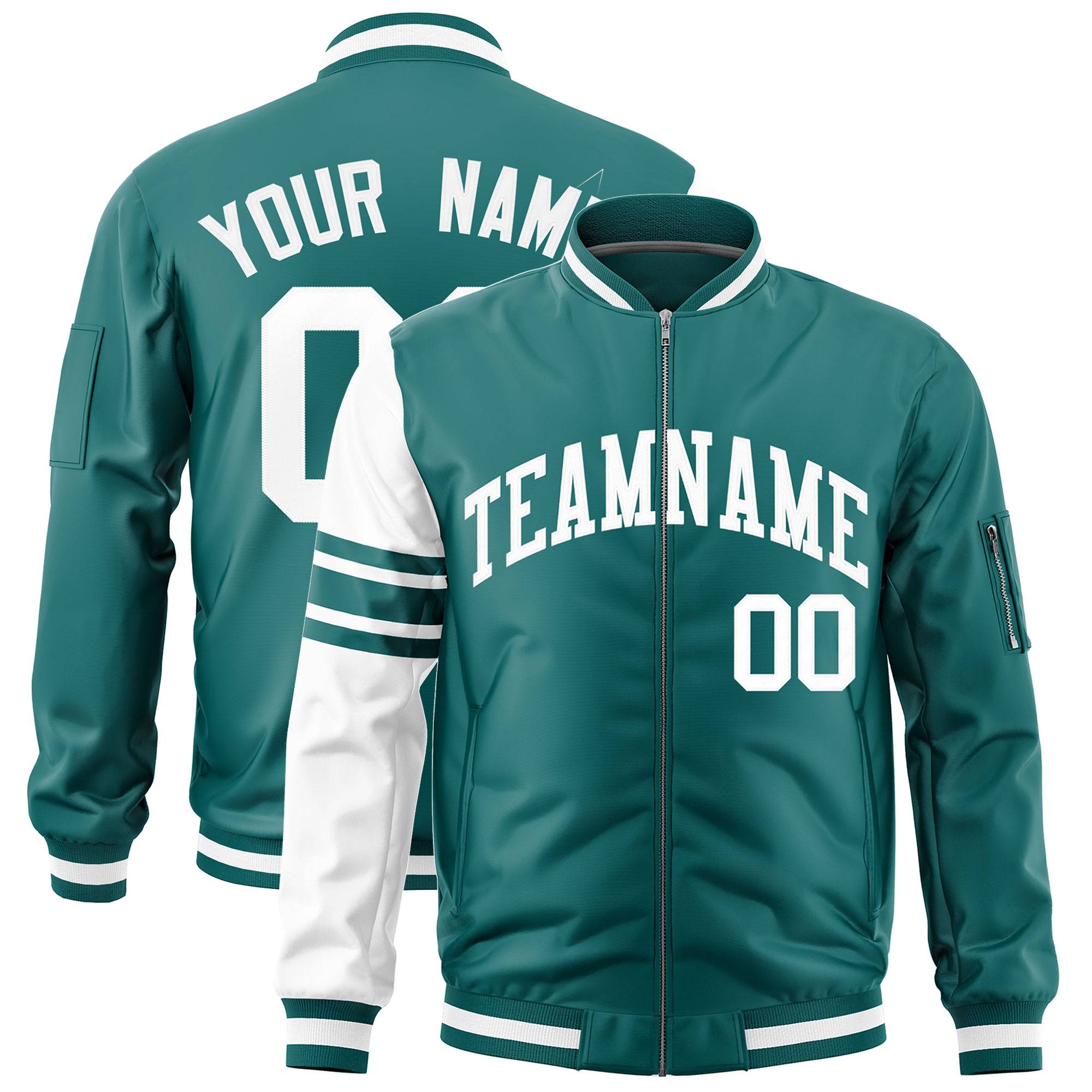 Custom Aqua White Varsity Full-Zip Raglan Sleeves Stripe Letterman Bomber Jacket