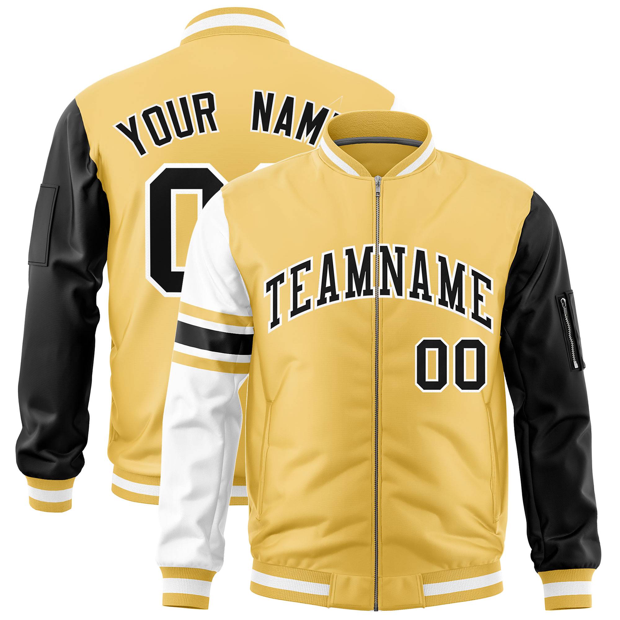 Custom Khaki Black-White Varsity Full-Zip Raglan Sleeves Stripe Letterman Bomber Jacket