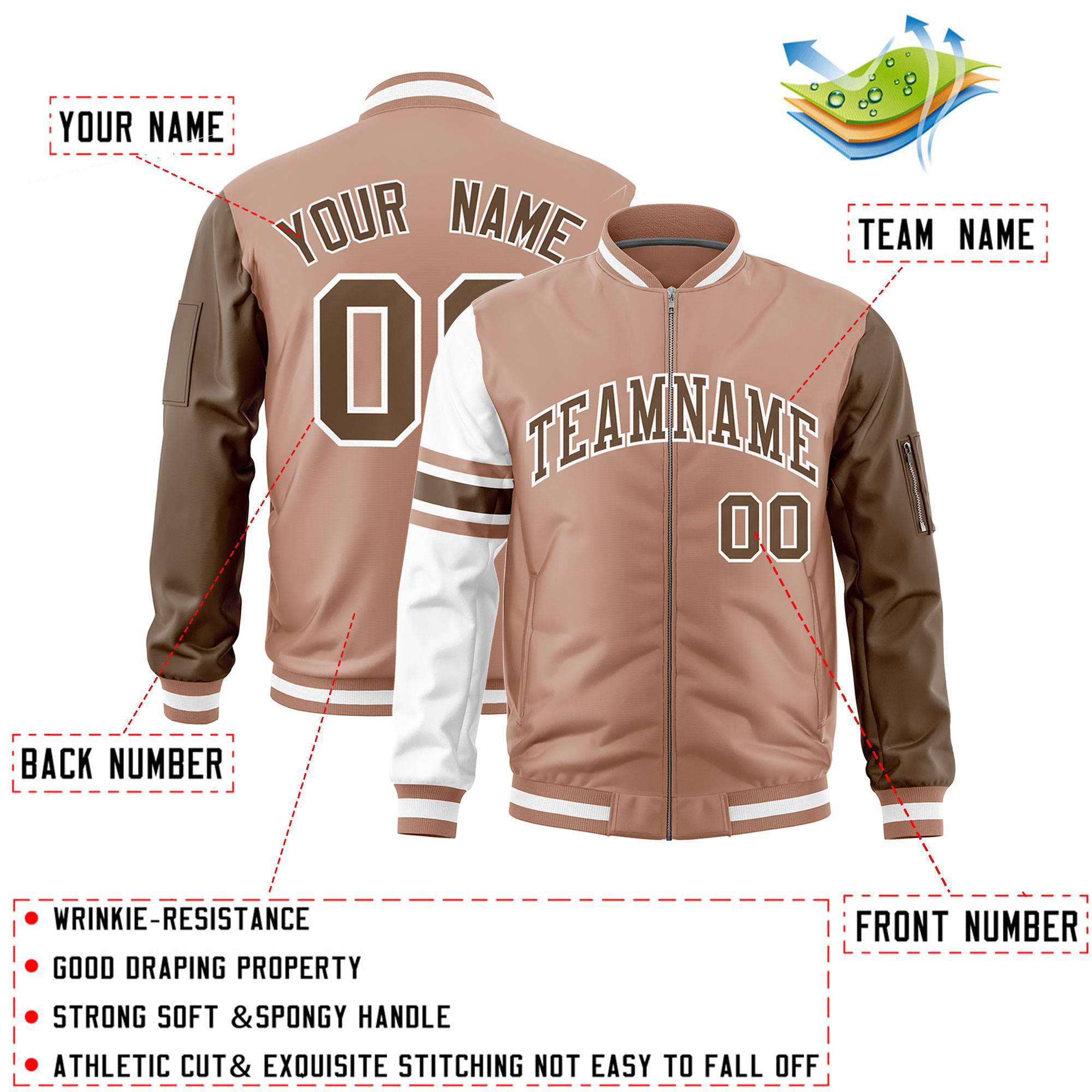 Custom Coffee Brown Light Brown-White Varsity Full-Zip Raglan Sleeves Stripe Letterman Bomber Jacket