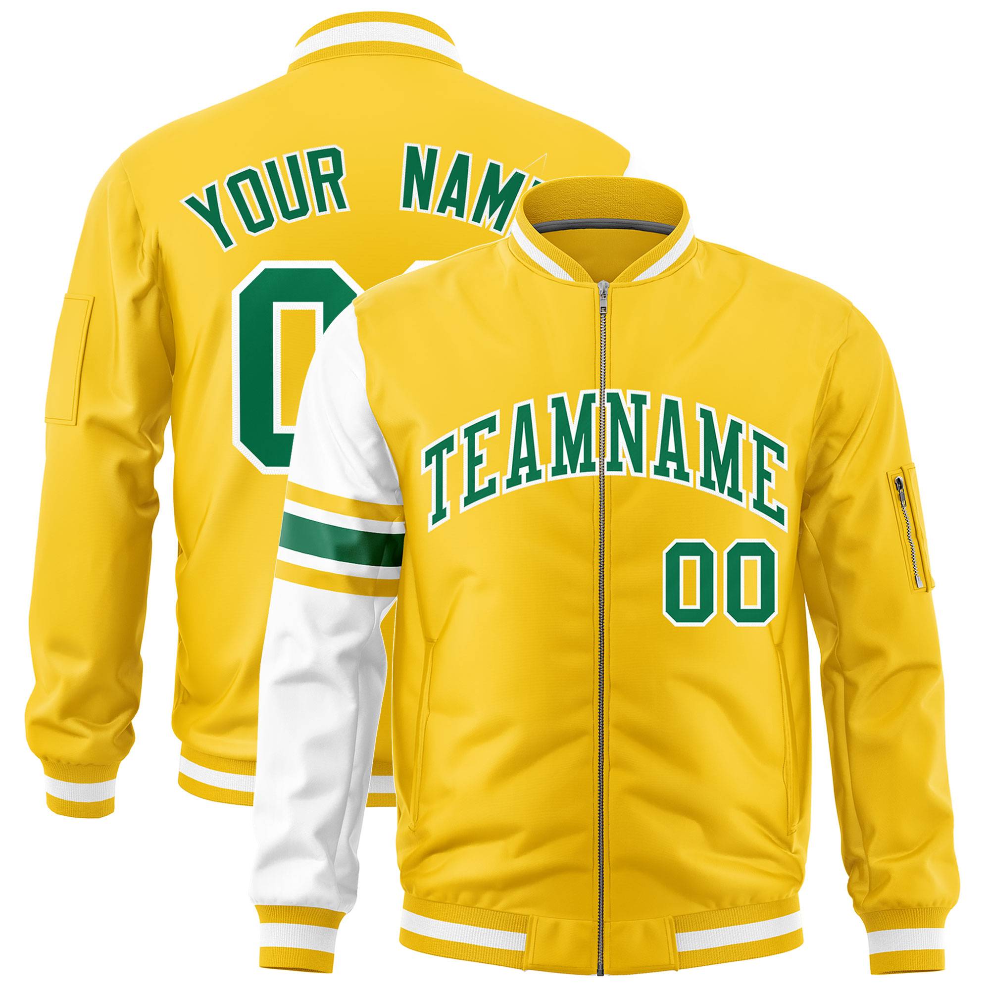 Custom Gold White Varsity Full-Zip Raglan Sleeves Stripe Letterman Bomber Jacket