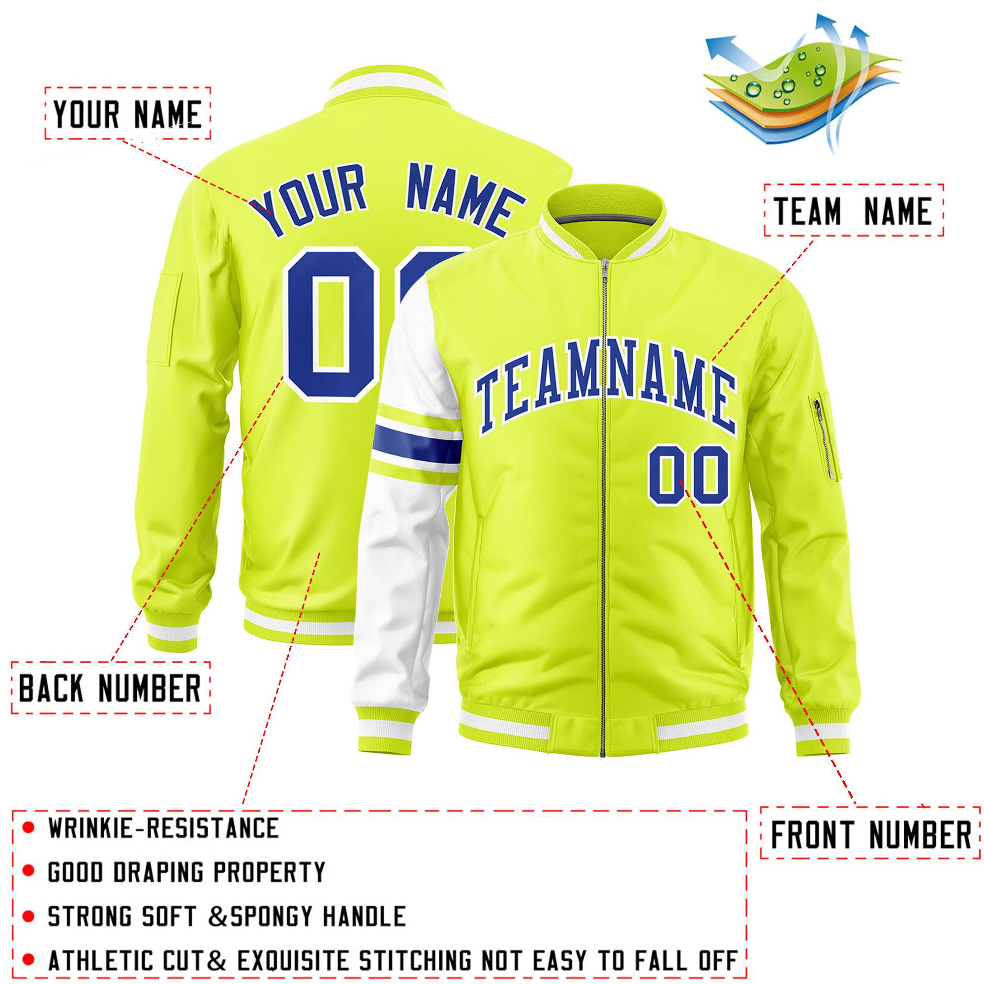 Custom Fluorescent Green White Varsity Full-Zip Raglan Sleeves Stripe Letterman Bomber Jacket