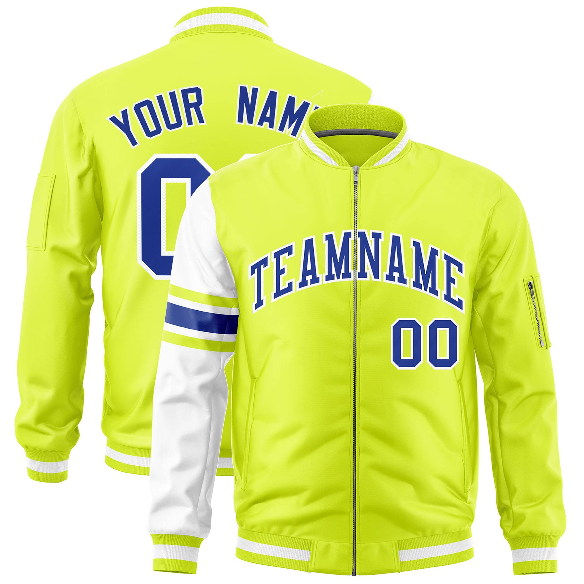 Custom Fluorescent Green White Varsity Full-Zip Raglan Sleeves Stripe Letterman Bomber Jacket