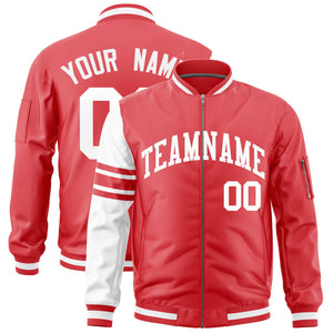 Custom Light Red White Varsity Full-Zip Raglan Sleeves Stripe Letterman Bomber Jacket