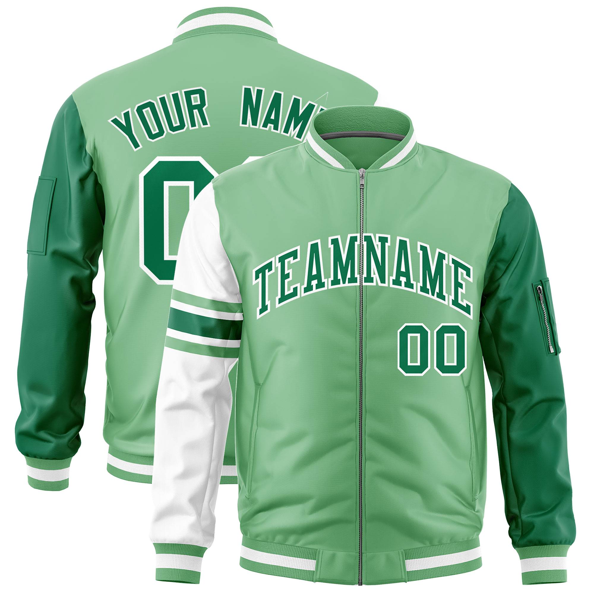 Custom Light Green Kelly Green-White Varsity Full-Zip Raglan Sleeves Stripe Letterman Bomber Jacket