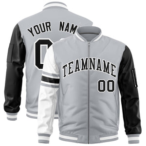 Custom Silver Black-White Varsity Full-Zip Raglan Sleeves Stripe Letterman Bomber Jacket