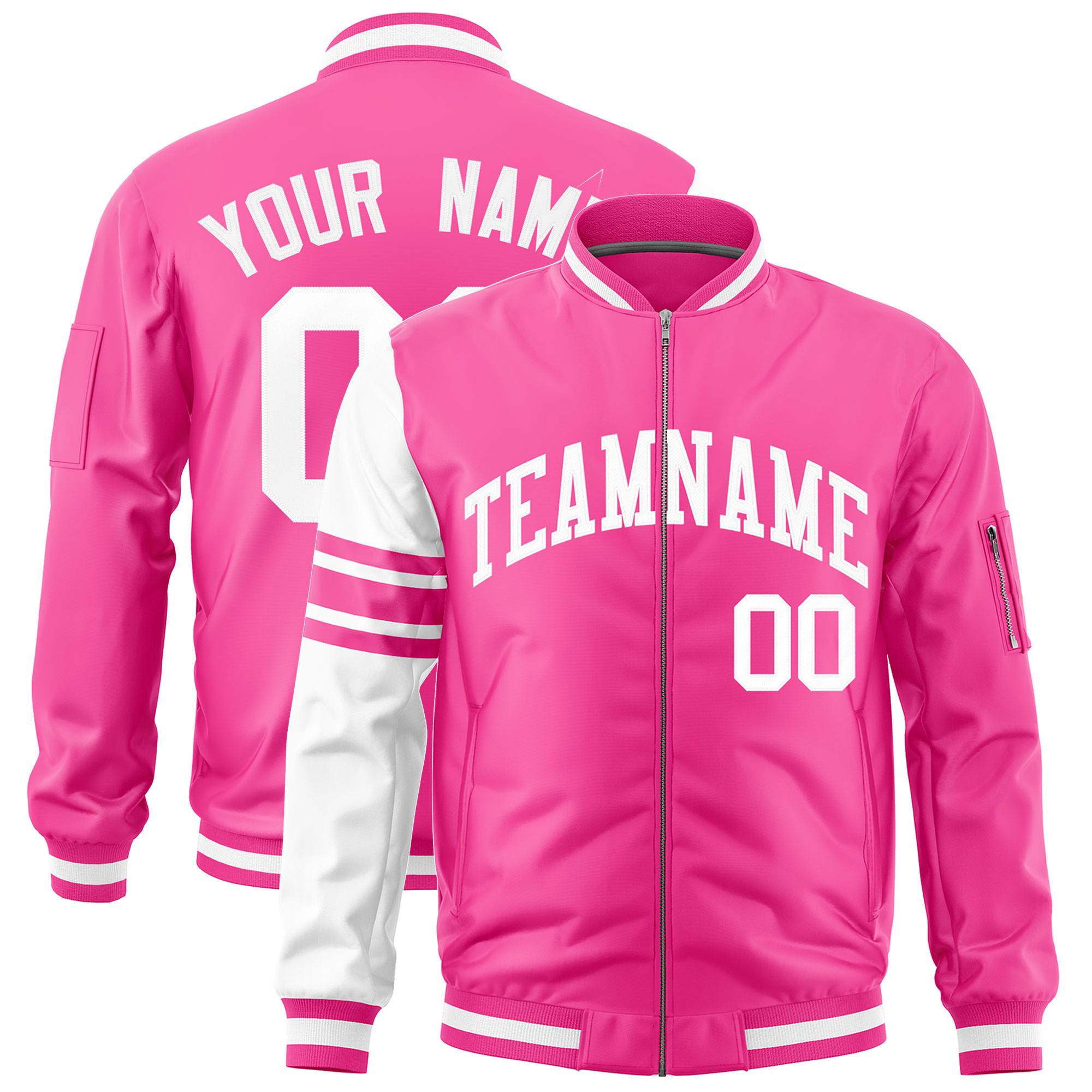 Custom Pink White Varsity Full-Zip Raglan Sleeves Stripe Letterman Bomber Jacket