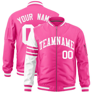 Custom Pink White Varsity Full-Zip Raglan Sleeves Stripe Letterman Bomber Jacket