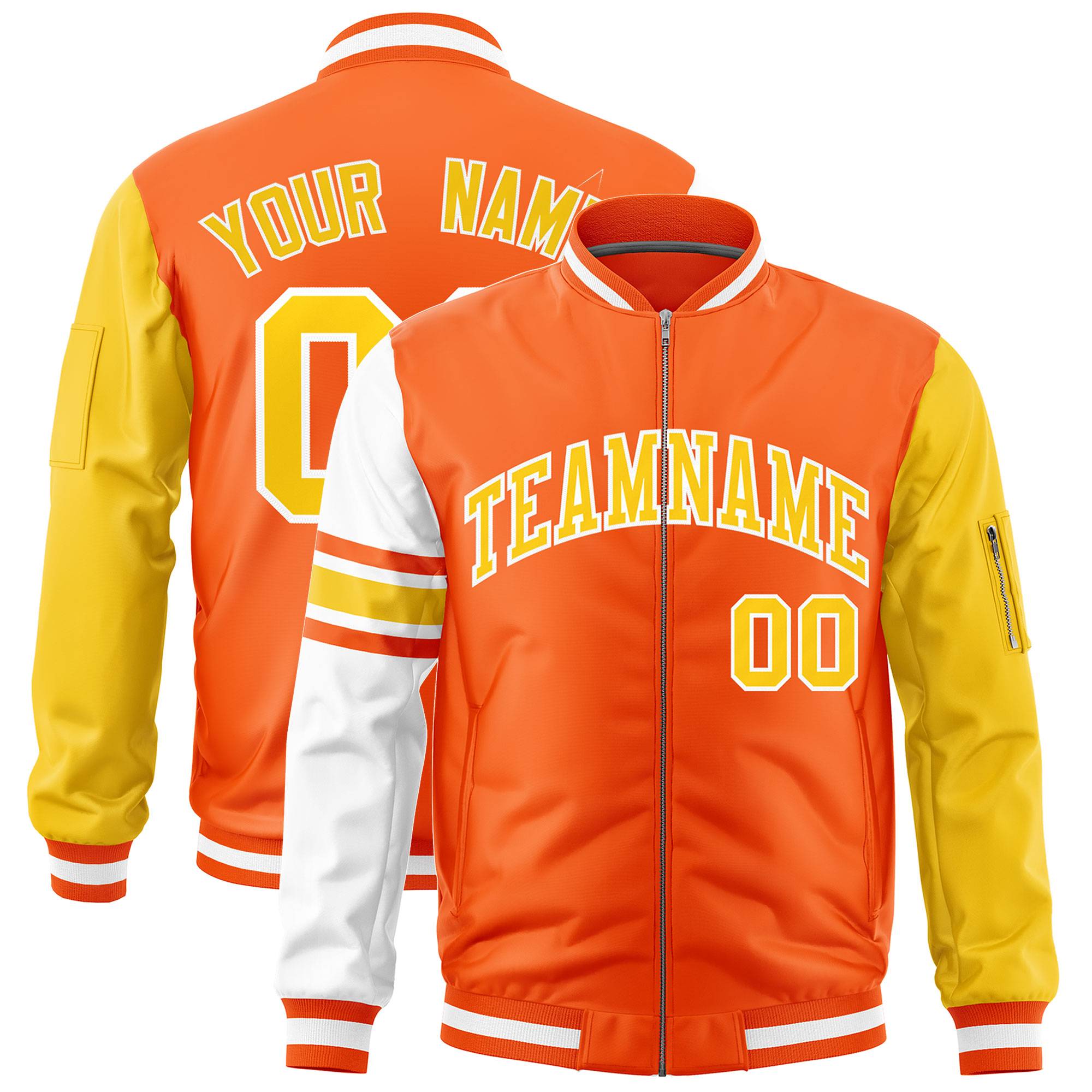 Custom Orange Gold-White Varsity Full-Zip Raglan Sleeves Stripe Letterman Bomber Jacket