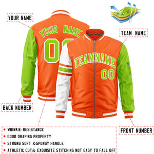 Custom Orange Neon Green-White Varsity Full-Zip Raglan Sleeves Stripe Letterman Bomber Jacket