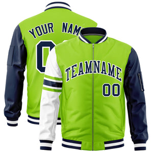 Custom Neon Green Navy-White Varsity Full-Zip Raglan Sleeves Stripe Letterman Bomber Jacket