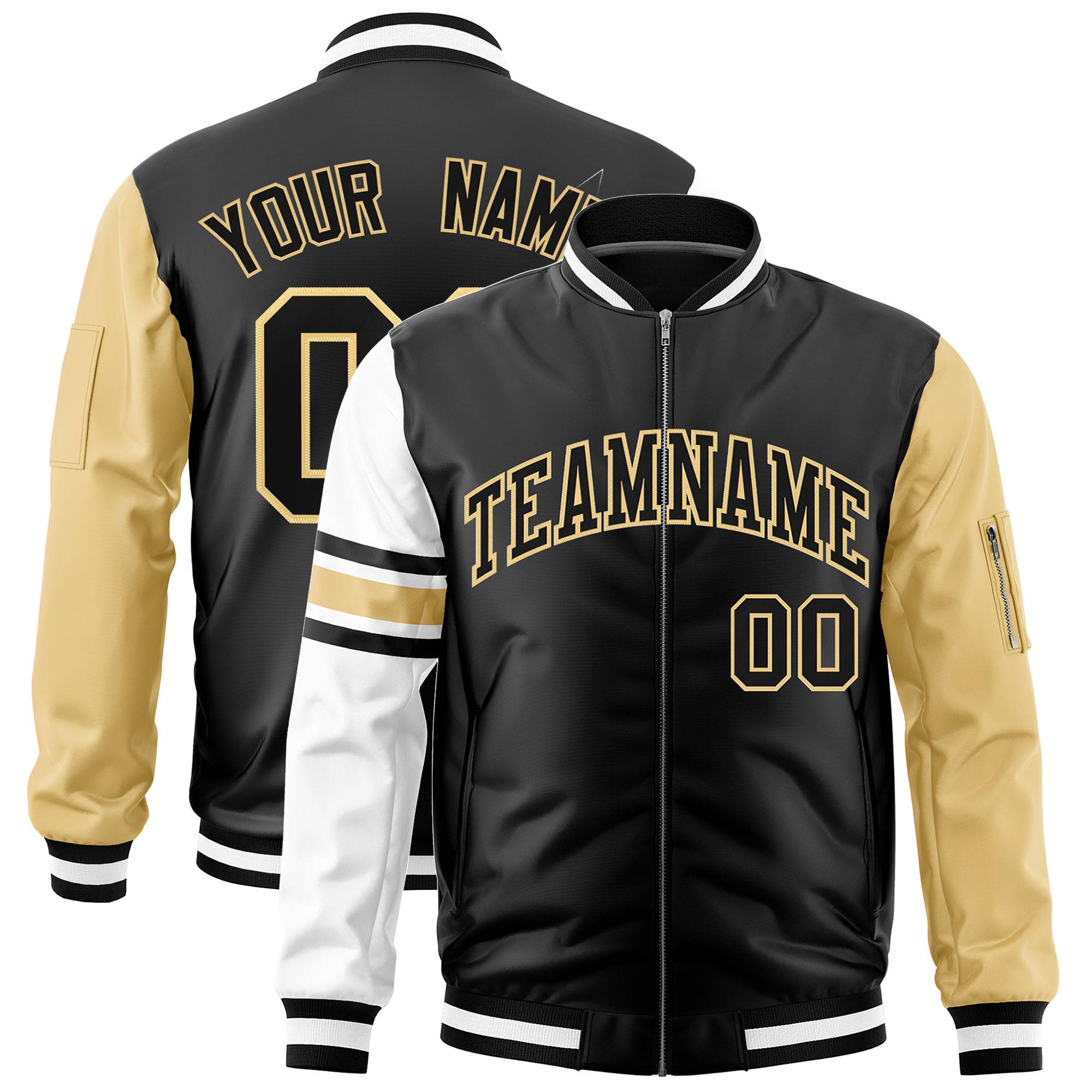 Custom Black Khaki-White Varsity Full-Zip Raglan Sleeves Stripe Letterman Bomber Jacket