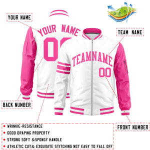 Custom White Pink Varsity Full-Zip Raglan Sleeves Stripe Letterman Bomber Jacket