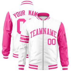 Custom White Pink Varsity Full-Zip Raglan Sleeves Stripe Letterman Bomber Jacket