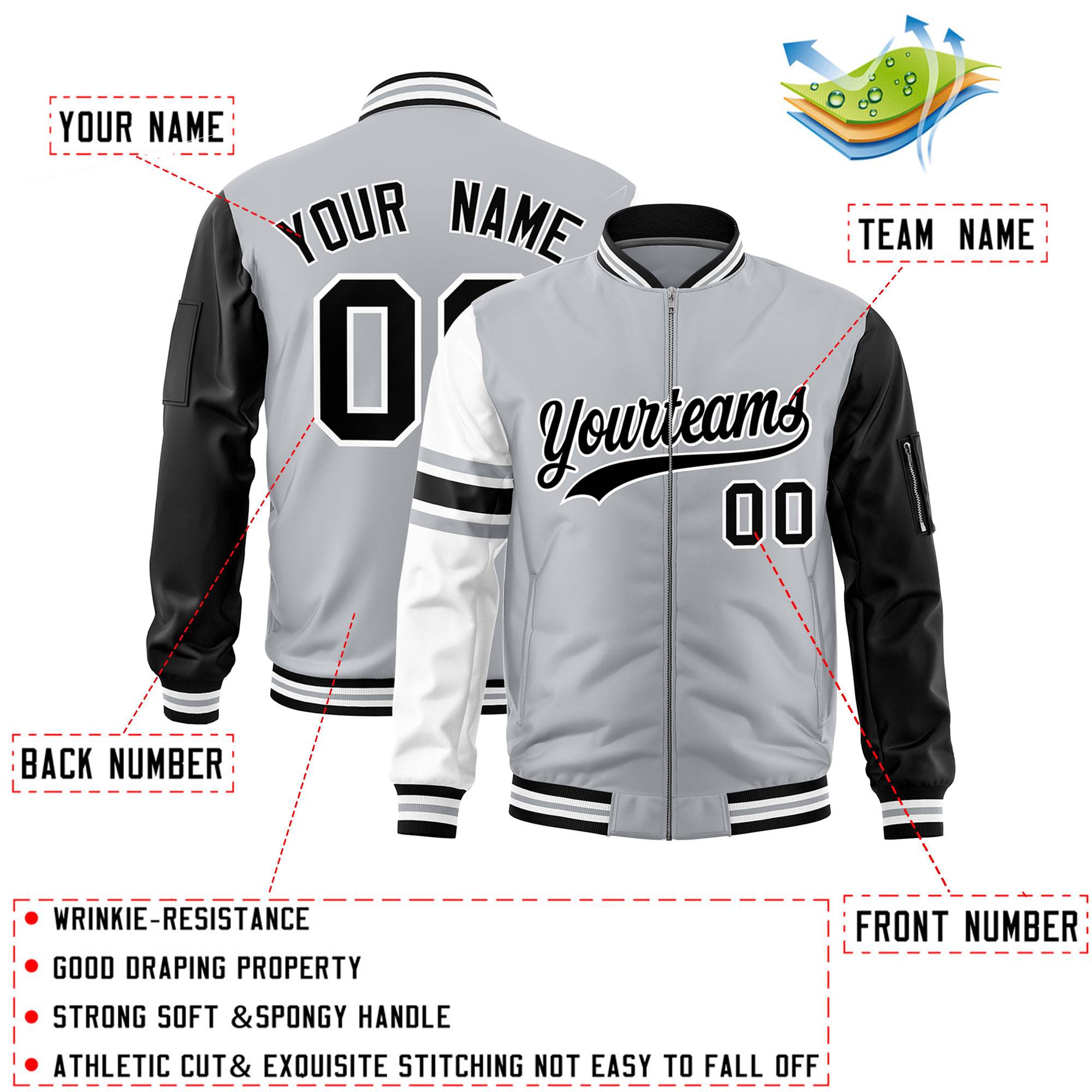 Custom Silver Black-White Varsity Full-Zip Raglan Sleeves Stripe Letterman Bomber Jacket