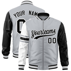 Custom Silver Black-White Varsity Full-Zip Raglan Sleeves Stripe Letterman Bomber Jacket