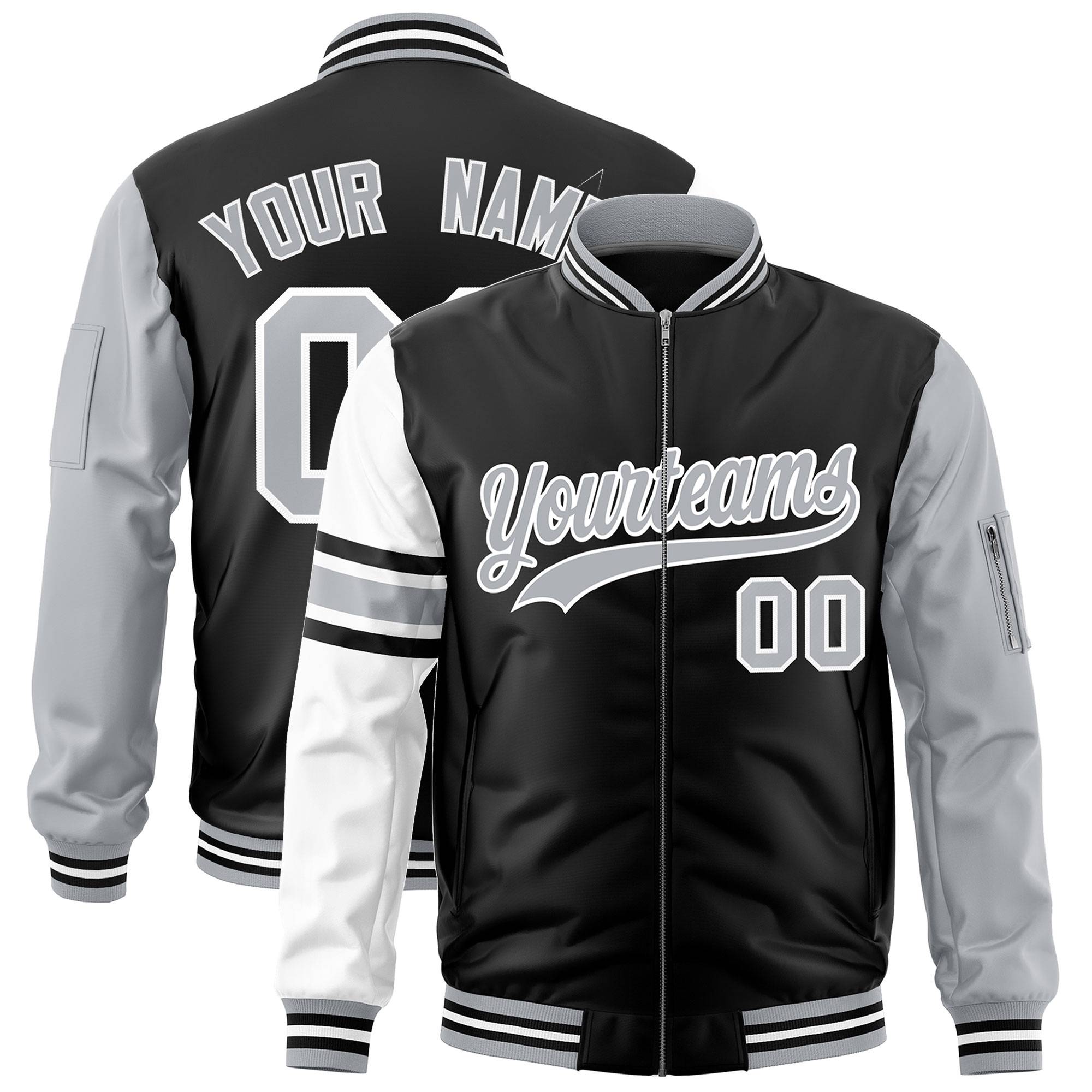 Custom Black Silver-White Varsity Full-Zip Raglan Sleeves Stripe Letterman Bomber Jacket