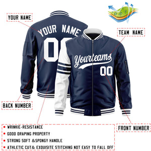 Custom Navy White Varsity Full-Zip Raglan Sleeves Stripe Letterman Bomber Jacket