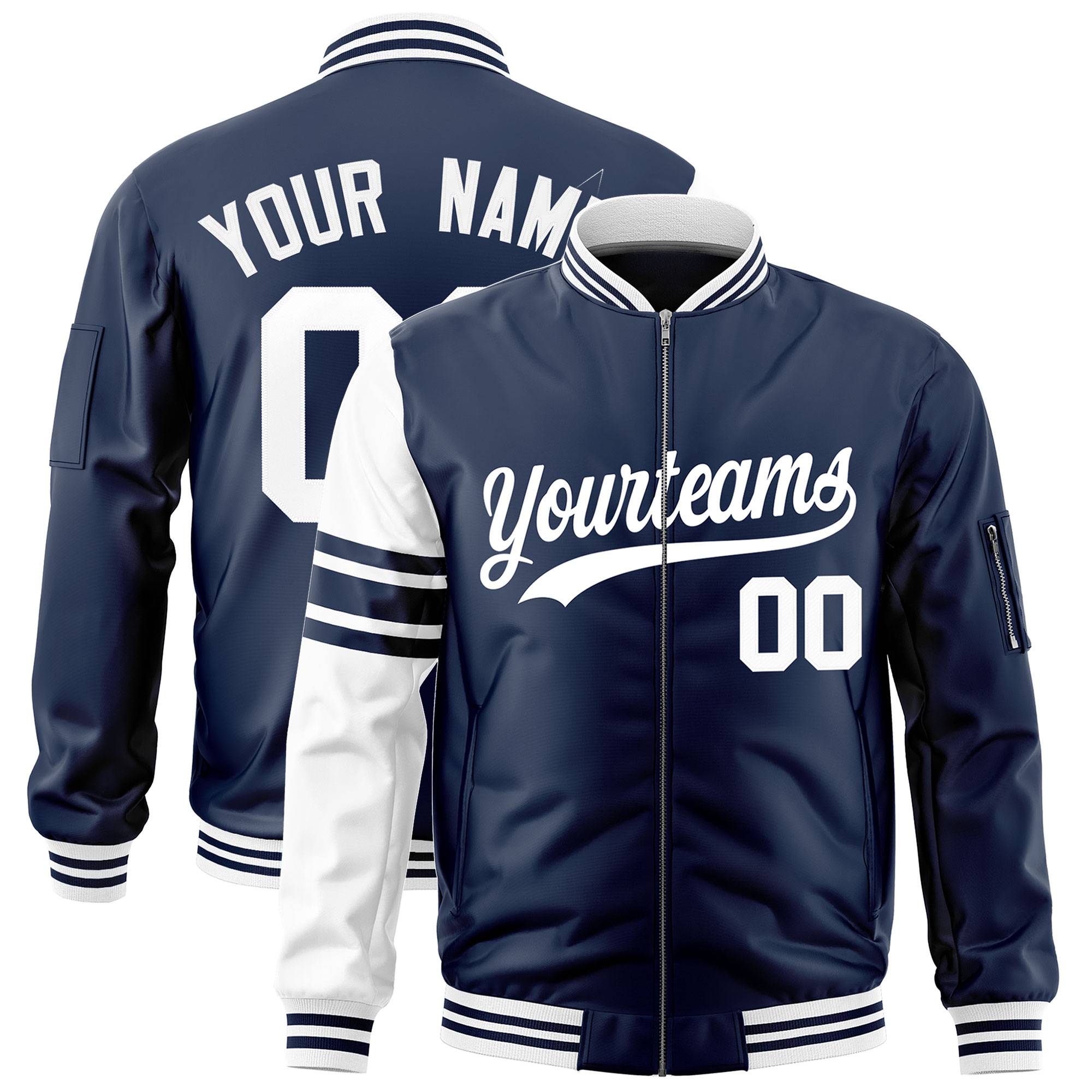 Custom Navy White Varsity Full-Zip Raglan Sleeves Stripe Letterman Bomber Jacket