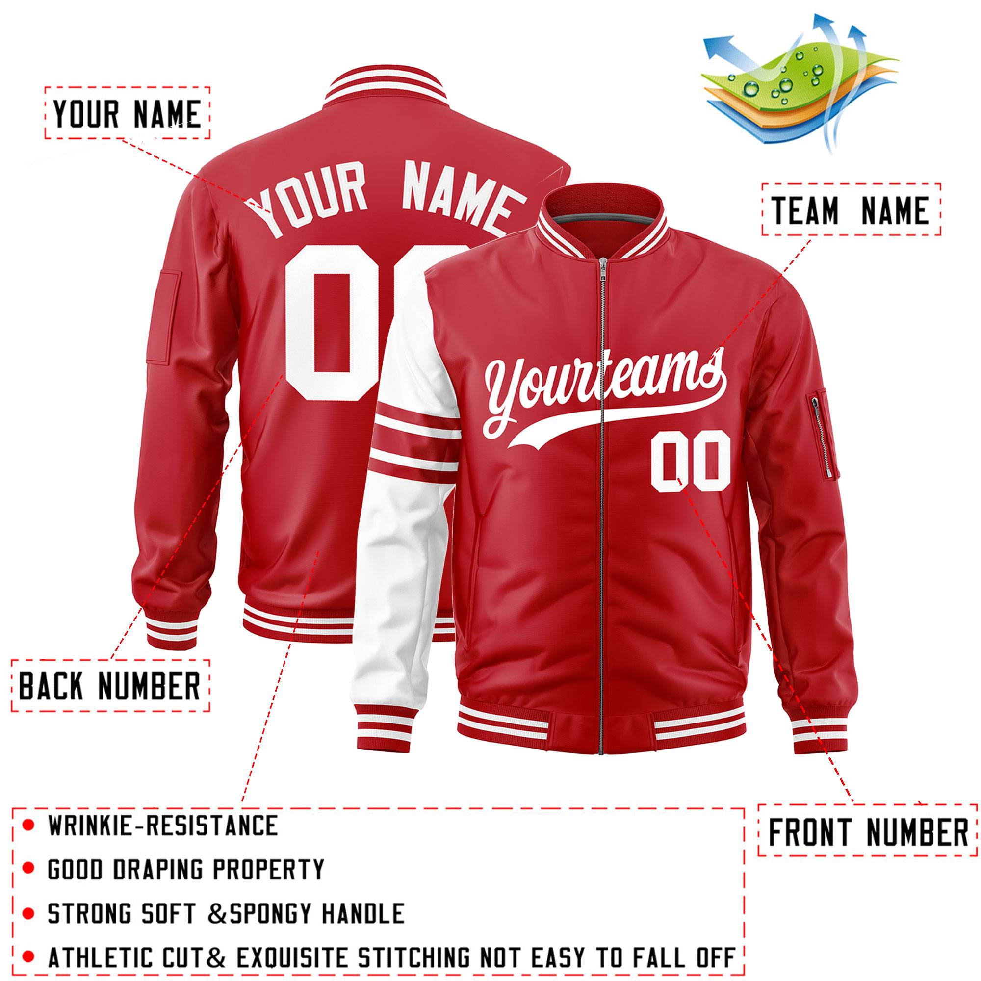 Custom Red White Varsity Full-Zip Raglan Sleeves Stripe Letterman Bomber Jacket