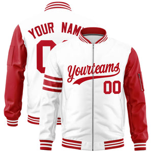 Custom White Red Varsity Full-Zip Raglan Sleeves Stripe Letterman Bomber Jacket