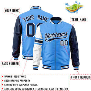 Custom Powder Blue Navy-White Varsity Full-Zip Raglan Sleeves Stripe Letterman Bomber Jacket