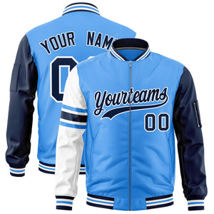 Custom Powder Blue Navy-White Varsity Full-Zip Raglan Sleeves Stripe Letterman Bomber Jacket