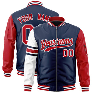 Custom Navy Red-White Varsity Full-Zip Raglan Sleeves Stripe Letterman Bomber Jacket