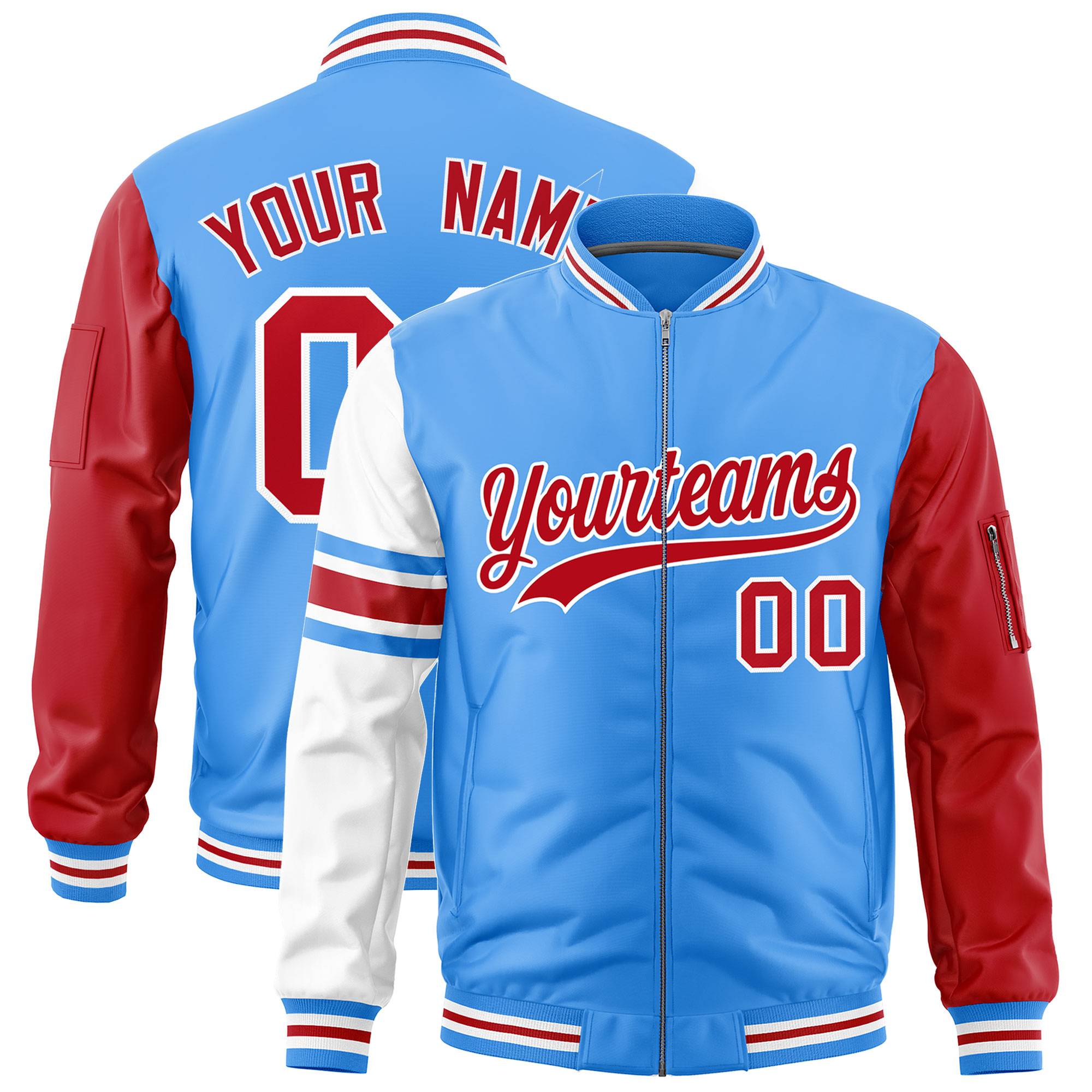 Custom Powder Blue Red-White Varsity Full-Zip Raglan Sleeves Stripe Letterman Bomber Jacket