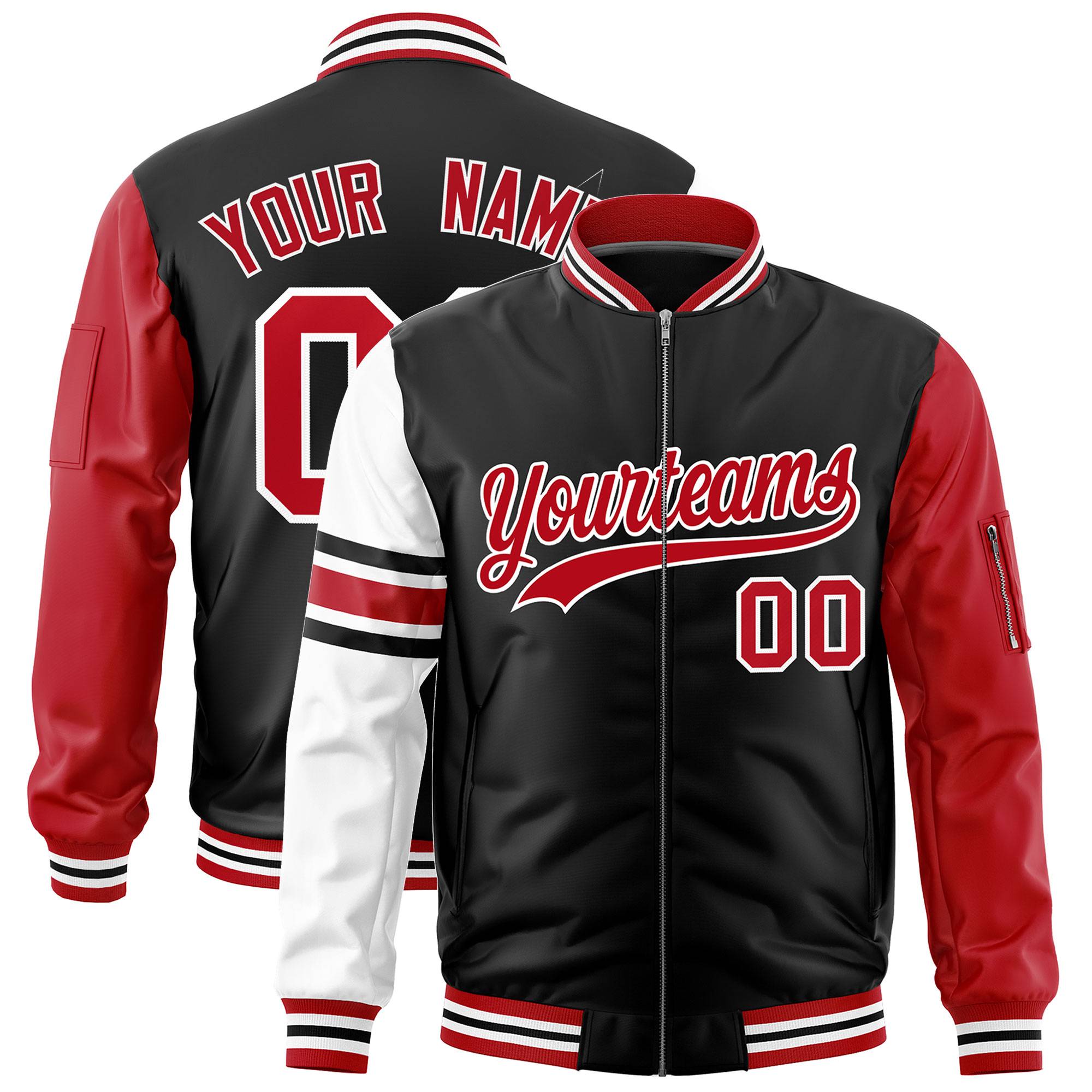 Custom Black Red-White Varsity Full-Zip Raglan Sleeves Stripe Letterman Bomber Jacket