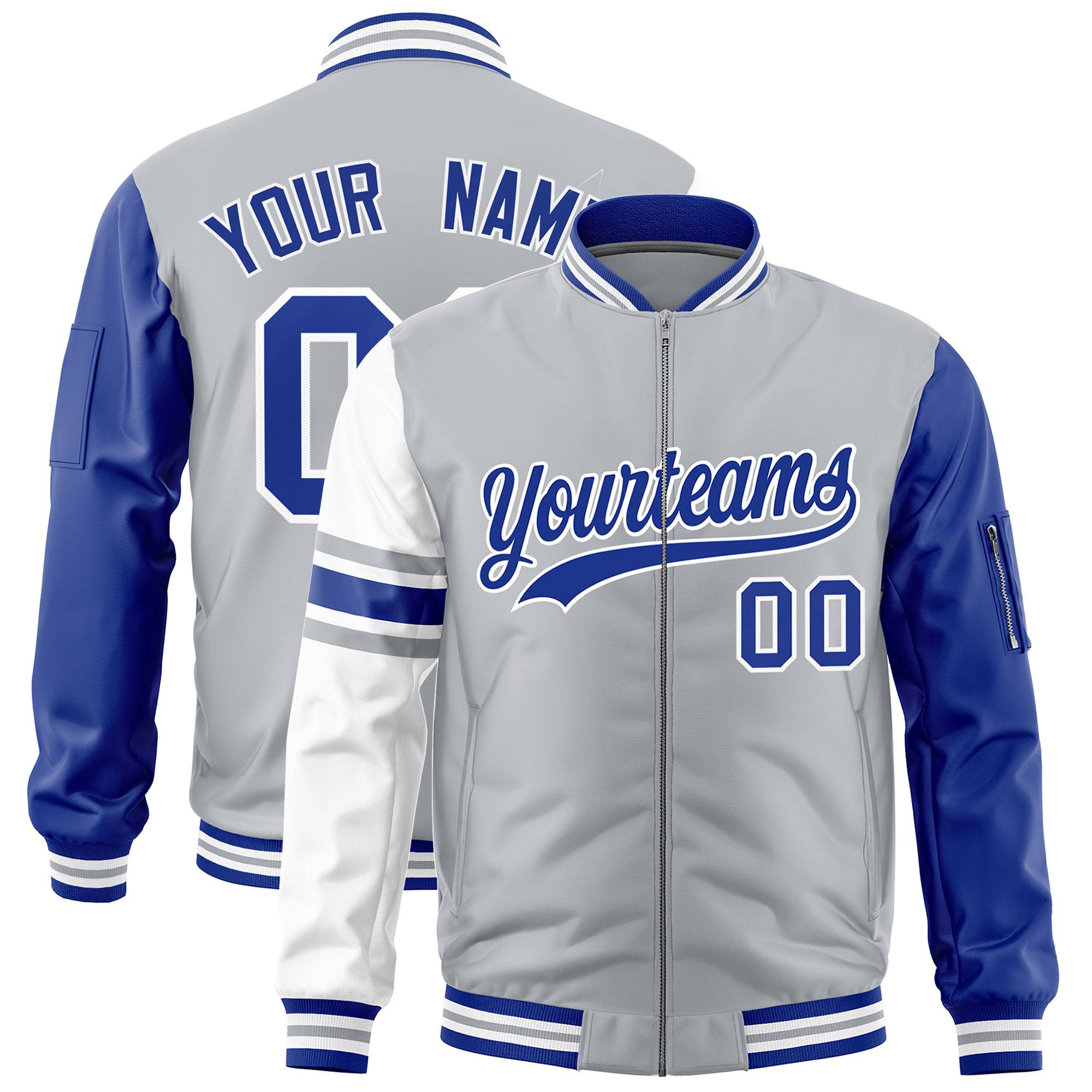 Custom Silver Royal-White Varsity Full-Zip Raglan Sleeves Stripe Letterman Bomber Jacket