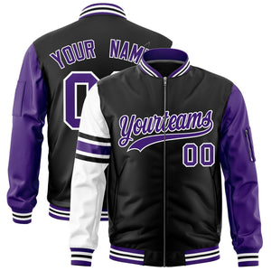 Custom Black Purple-White Varsity Full-Zip Raglan Sleeves Stripe Letterman Bomber Jacket