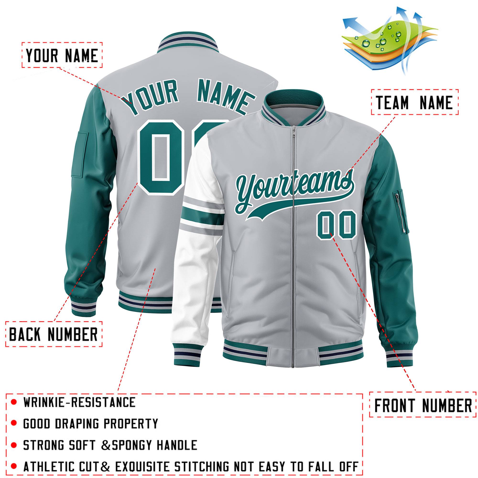 Custom Silver Aqua-White Varsity Full-Zip Raglan Sleeves Stripe Letterman Bomber Jacket