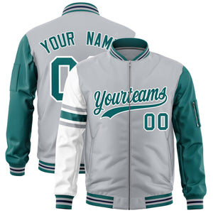 Custom Silver Aqua-White Varsity Full-Zip Raglan Sleeves Stripe Letterman Bomber Jacket