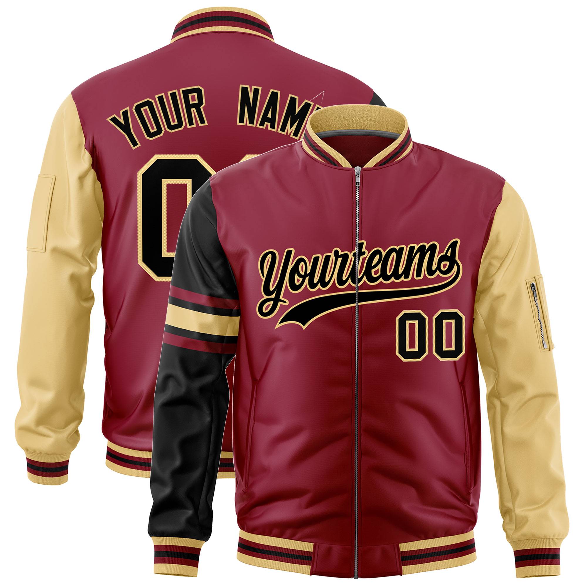 Custom Crimson Black-Khaki Varsity Full-Zip Raglan Sleeves Stripe Letterman Bomber Jacket