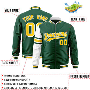 Custom Green White Varsity Full-Zip Raglan Sleeves Stripe Letterman Bomber Jacket