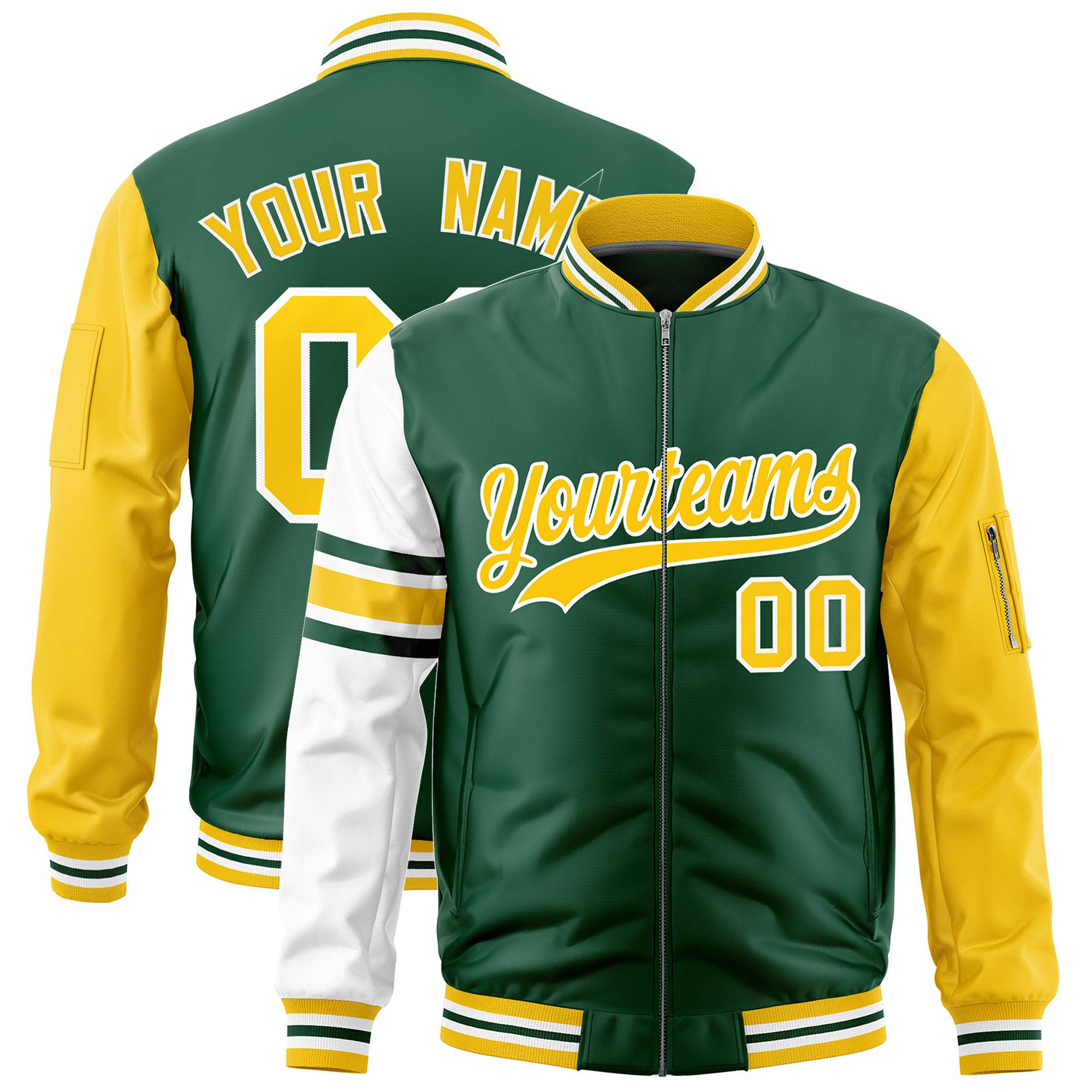 Custom Green Gold-White Varsity Full-Zip Raglan Sleeves Stripe Letterman Bomber Jacket