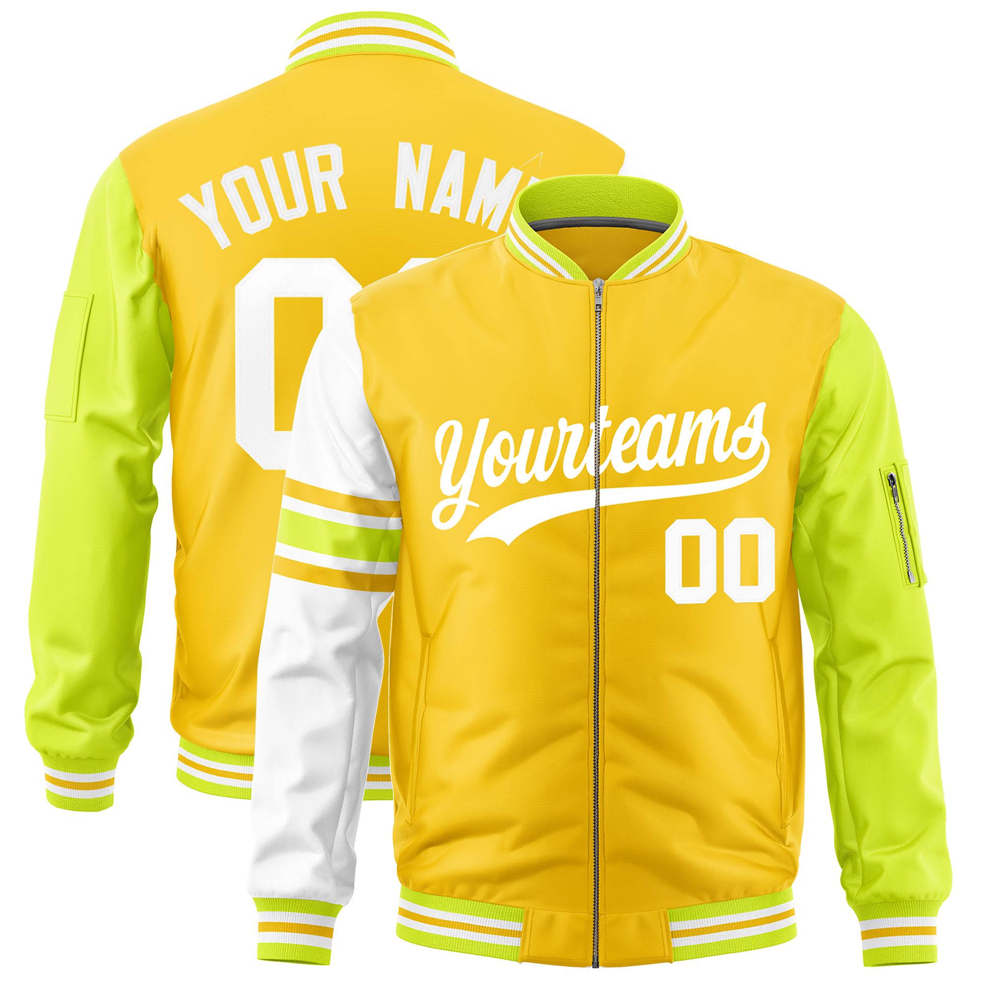 Custom Gold Fluorescent Green-White Varsity Full-Zip Raglan Sleeves Stripe Letterman Bomber Jacket