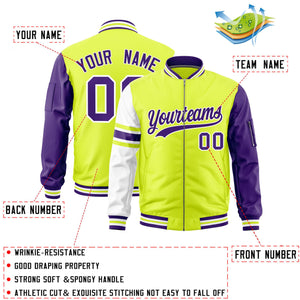 Custom Fluorescent Green Purple-White Varsity Full-Zip Raglan Sleeves Stripe Letterman Bomber Jacket