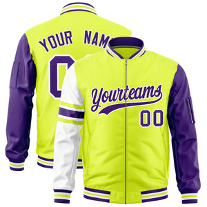 Custom Fluorescent Green Purple-White Varsity Full-Zip Raglan Sleeves Stripe Letterman Bomber Jacket