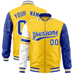 Custom Gold Royal-White Varsity Full-Zip Raglan Sleeves Stripe Letterman Bomber Jacket