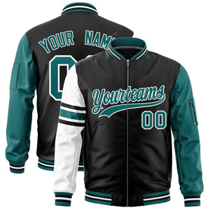 Custom Black Aqua-White Varsity Full-Zip Raglan Sleeves Stripe Letterman Bomber Jacket